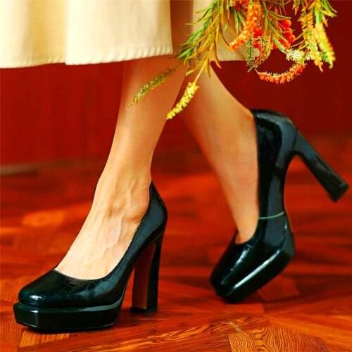 Womes Cow Leather Platform Pumps Slip On Block High Heels Sexy Party Nightclub Shoes 34 35 36 37 38 39 40