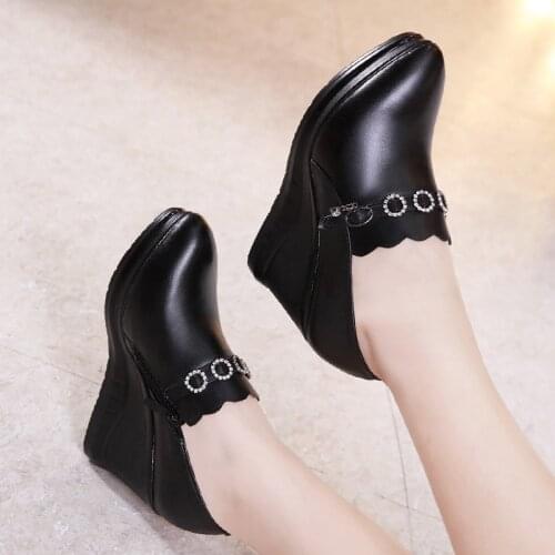 2020 Deep Mouth Leather Shoe Black Platform Shoes High Heels Fashion Crystal Dance Shoes For Ladies Womens Pumps Wedge Shoes