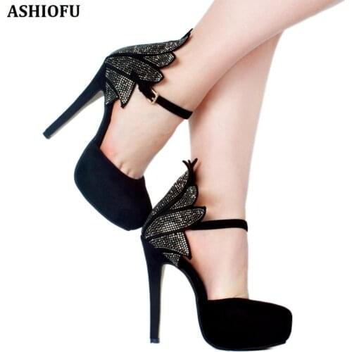 ASHIOFU Handmade New Ladies High Heel Pumps Mary Janes Party Prom Dress Shoes Buckle Strap Sexy Fashion Evening Court Shoes