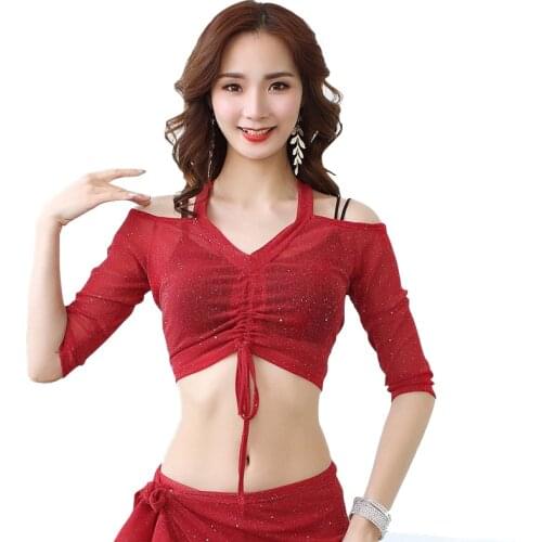 2019 New Belly Dance Clothes Women Mesh Tank Top Halter Off Shoulder Deep V-Neck Bellydance Elastic Tops with Shinny Sequins