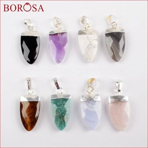 BOROSA 10PCS Silver Color Shield Shape Multi-kind Faceted Stones Pendants Gems Natural Stones for Necklaces/Earrings WX903