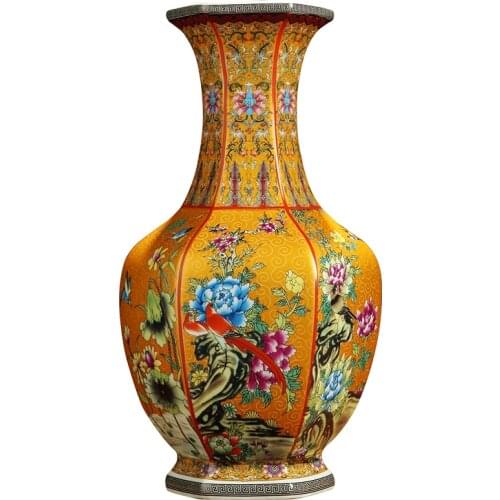 Jingdezhen Handmade Yellow Antique Chinese desktop Vase ornament filigree enamel color living room furnishing gift