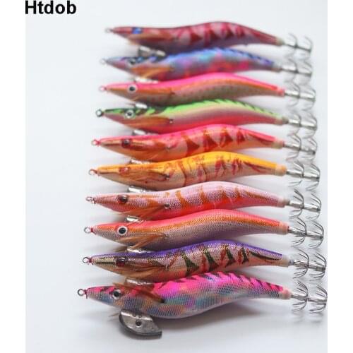 Htdob 10pcs/Set Wood Shrimp Squid Fishing Bait 2.0# 2.5#-3.0#Hook Wooden Shrimp Squid Jigs Sea Fishing Lures Artificial Lure