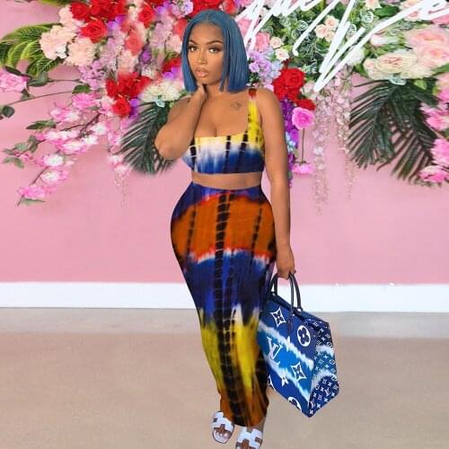 Gradient Tie Dye Print Two Piece Dress Sets Summer Outfits for Women Slim Fit Tank Top and Bodycon Maxi Skirts Female Tracksuit