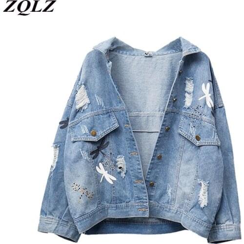 ZQLZ Plus Size 5XL Autumn Denim Jacket Women 2020 New Embroidery Pattern Lapel Loose Jeans Coat Thin Spring Jackets Womens