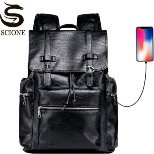 Hot Fashion Mens Business Backpack USB Charging PU Leather Laptop Bag For Teenagers Male Waterproof Travel Backpack School Bag