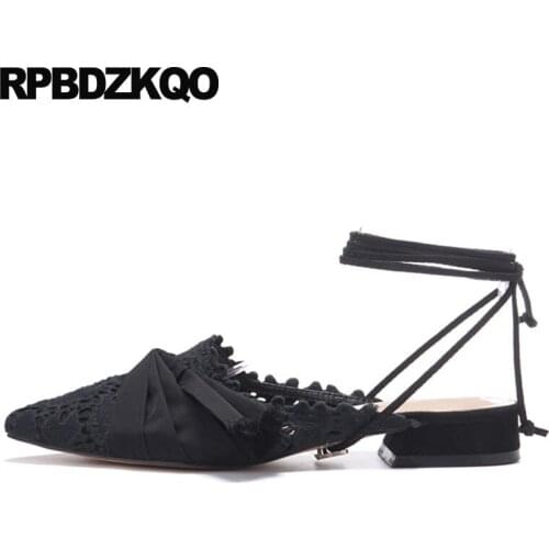 Women strappy pointed ladies strap up sandals bowtie closed toe black flat low heel slides mules soft satin bow slippers shoes