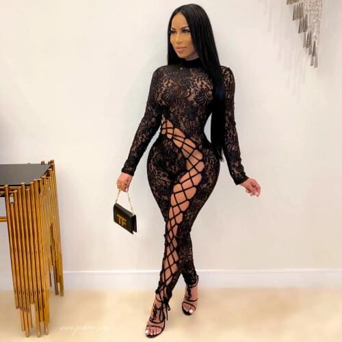 Lace Up Hollow Out Jumpsuit Women Black Mesh Floral Patchwork Long Sleeve Turtleneck Skinny Catsuit See Through Club Outfits