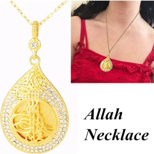 Allah Religious Women Unisex Inlaid Rhinestone Double Layer Pear Shape Water Drop Pendant Necklace