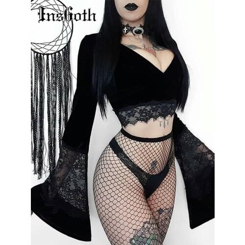 InsGoth Sexy Women Gothic Crop Top Flare Long Sleeve Lace Hollow Out Black T-shirt Retro Bodycon Female V-neck Tops Elegant Top