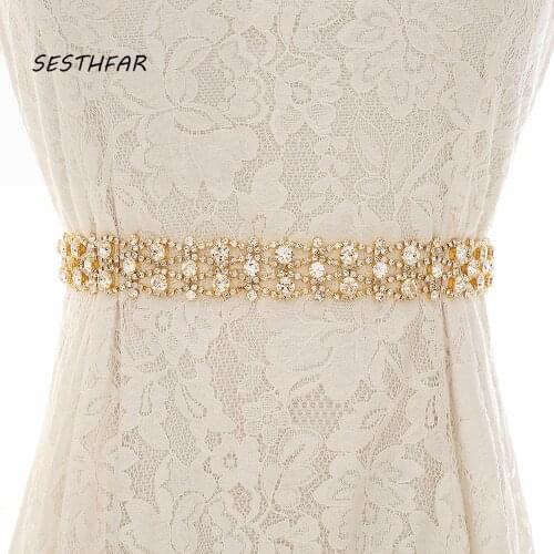 SESTHFAR Rhinestones Bridal Belt Handmade Crystal Wedding Belt Thin Beaded Bridal Belt For Wedding Dresses