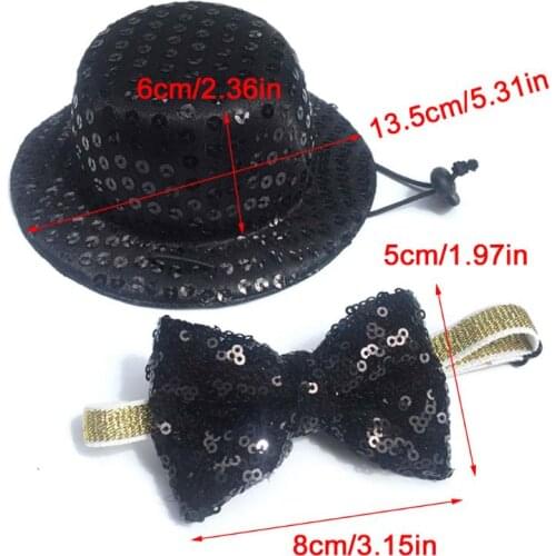 T84E Small Dog Black Sequined Cylinder Top Hat with Bow Tie Set Costume Pet Festive Travel Beauty Decor Collar Accessories