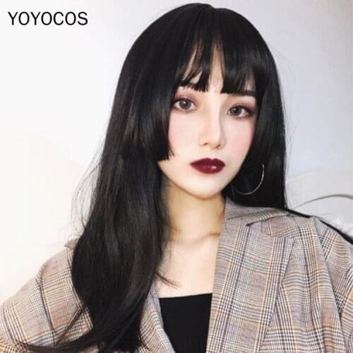 YOYOCOS Lolita Straight Bangs Hair Kawai 50CM Daily Wig Black/Grannyhair/Ash Blue/Thin Rattan/Brown/Wine/Orange Cute Daily Wig