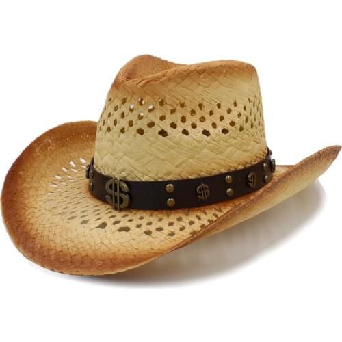 Women Men Western Cowboy Hat With Leather Money Band For Lady Gentleman Beach Sun Sombrero Cowgirl Hat Size 58CM A0136