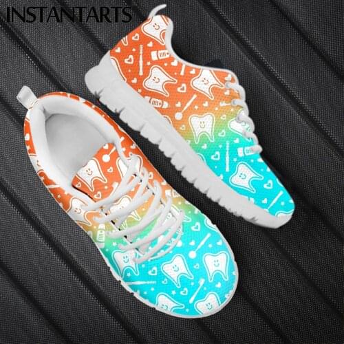 INSTANTARTS Gradient Color Cartoon Tooth With Toothbrush Pattern Girls Flat Shoes Breathable Air Mesh Sneakers Slip-on Loafers