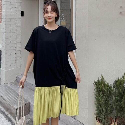 NYFS Summer Dress 2021 Korean New Short Sleeve Long Dress Vestidos Robe Elbise Loose Pleated drawstring Woman Dress