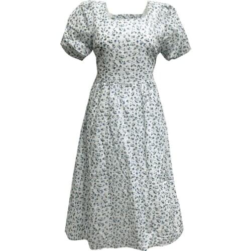 Bow Tie Floral High Waist Mid-length Dress Casual Womens 2021 Summer New Idyllic Beach Square Neck Puff Sleeve Long Skirt