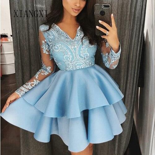Vestidos Curto Blue Homecoming Dresses 2020 V-Neck Sleeves Lace Short Party Dress Graduation Gowns Homecoming Dress