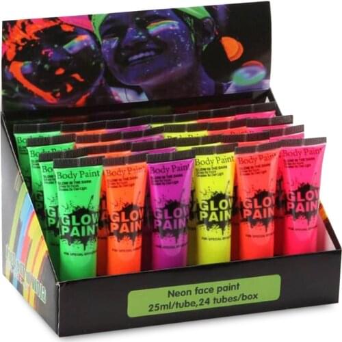 24pcs/set Neon Fluorescent Paint Face Body Painting 6 Colors Luminous UV Paints Face Make Up for Birthday Halloween Party