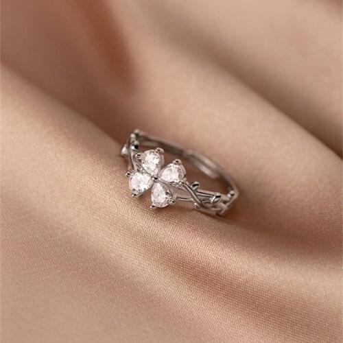 925 Sterling Silver Finger Ring Adjustable Open Cubic Zirconia Four Clover Flower Rings for Stylish S925 Silver Jewelry