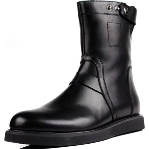 Top Quality Men Cow Genuine Leather Boots Thick Flats Motor Biker Shoes With Button Fashion Mid-Calf Botas Male Footwear