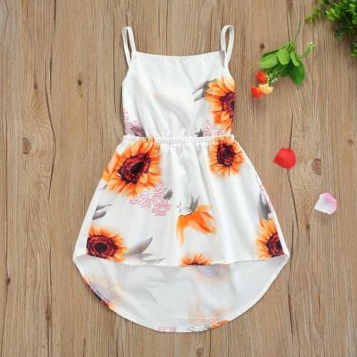 Kids Dress, Sunflower Print Sleeveless Spaghetti Strap Baby Girl Sundress for Summer, White, 1-6 Years