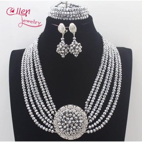 New Silver African Beads Jewelry Set Crystal Beads pendant Necklace Set Nigerian Wedding bridal African beads Jewelry Set N0109