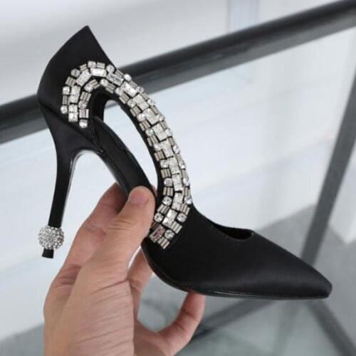 Summer Women Side Bling Rhinestone Carve out Pumps Black Silk Ladies Strange Crystal Ball Crossed Heels Bridal High Heels Shoes