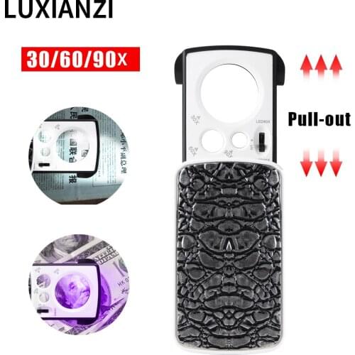 LUXIANZI Magnifying Glass With LED UV Acrylic Optical HD Lens Jewelry Appraisal Reading Loupe Pull-out Magnifier 30X 60X 90X