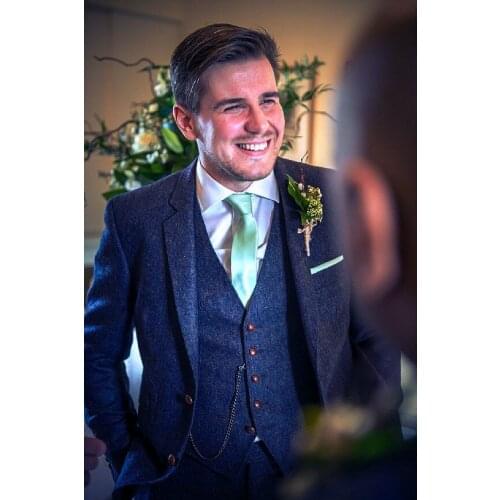 2017 Latest Coat Pant Designs Navy Blue Tweed Wedding Suits for Men Blazer Custom Terno Slim Fit 3 Piece Groom Tuxedo Masculino