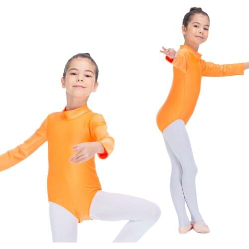 Orange Nylon/Lycra Long Sleeve Turtle-Neck Leotard Zipper Back for Girls and Children Training Ballet Dance