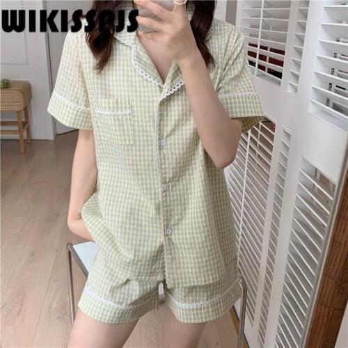 2021 Korean Version Small Fresh Contrast Plaid Pajamas Sleep Tops Two Piece Set Summer Pajamas for Teen Girls Lounge Sets