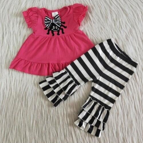 RTS ready to ship fashion kids clothes Halloween spider embroidered hot pink top ruffle pants baby girls outfits clothing sets