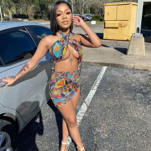 Sexy Mini Dress Women 2021 Summer Fashion Print Cross Bandage Halter Backless Bodycon Drawstring Dress Party Beach Club Dresses