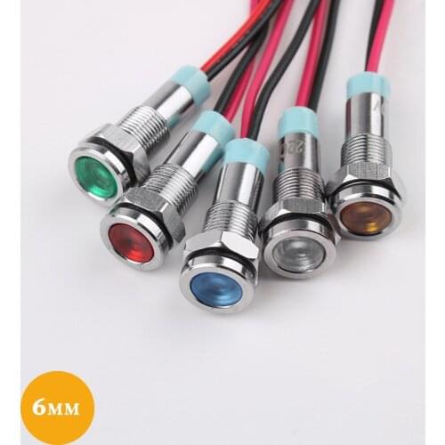 1PC 6mm LED Metal Indicator light 6mm waterproof Signal lamp 6V 12V 24V 220v with wire red yellow blue green white 6ZSD.X