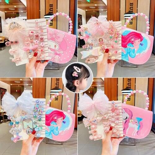 21pcs/Set Girls' Hair Accessories Set with Gift Kids Bag Hairpin Hair Rope Mermaid Cartoon Princess Birthday Gift Bow Hairpin