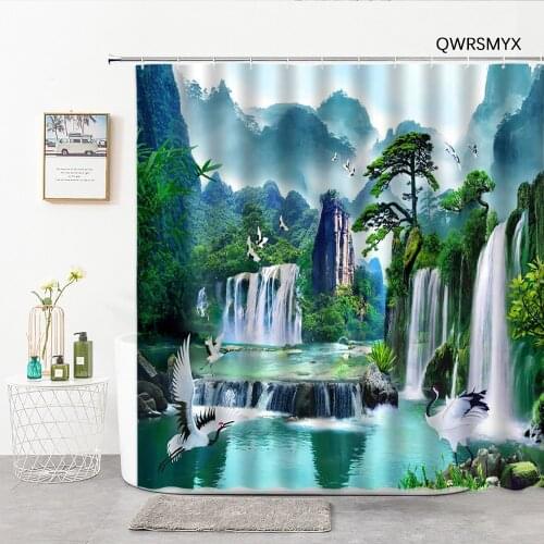 Green Water And Green Mountain Waterfall Scenery 3D Bathroom Curtain Landscape Shower Curtains Washable Fabric Bathroom Products