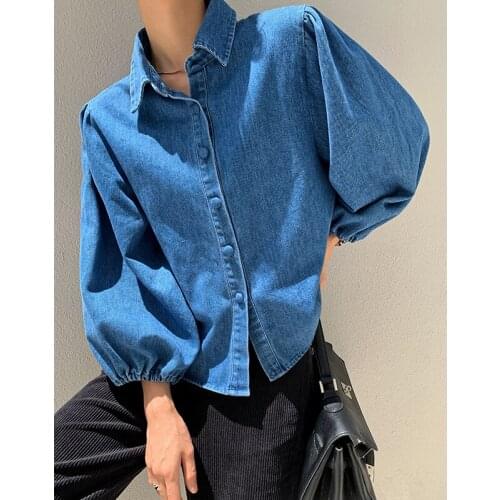 2021 Autumn Vintage Denim Shirts For Women Lantern Sleeve Turn-down Collar Blue Jean Blousers Single Breasted Tops Coat T013