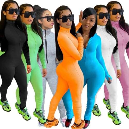 Plus Size Bodysuit Skinny Casual Lucky Label Jumpsuit Women Long Sleeve Front Zipper Sport Wear Womens Rompers Fitness Overalls