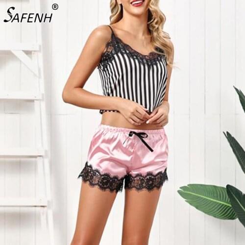 Women Pajamas Set Eyelash Lace Satin Striped Cami With Shorts Sexy Sleepwear Set Summer Ladies Shorts Set Nightwear