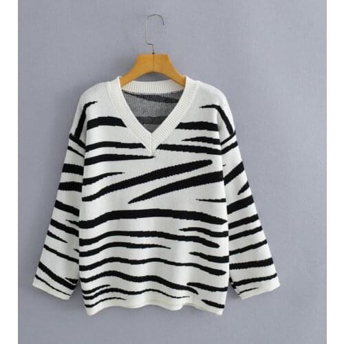 Autumn Winter Women Pullover Sweater Zebra Striped V Neck Long Sleeve Loose Lady Jumper Knitted Tops