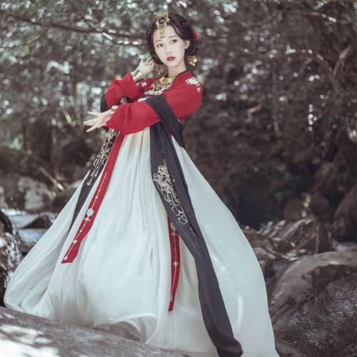 Hanfu Dress Women/Ladies Elegant Black Red White Hanfu Clothes Chinese Traditional Chinese Ancient Costumes Folk Dance Skirt