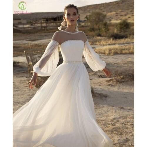 SSYFashion New White Lantern Sleeves Evening Dress Luxury Elegance O-neck Pearls Beading Long Beach Party Formal Gown Vestidos