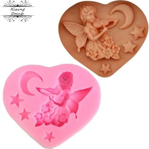 3D angel girl moon playing violin mold cake decoration Kitchen Baking tool chocolate fudge plaster clay mold