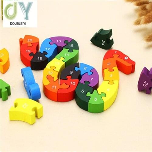 Wooden Puzzles Cute Snake Design Letters Puzzle Blocks Three-dimensional Jigsaw Assembly Blocks Toys For Children