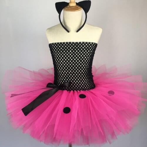Baby Girls Black Pink Tutu Dress Kids Crochet Corset Tulle Dress with Dots Cat Hairbow Children Christmas Party Costume Dresses