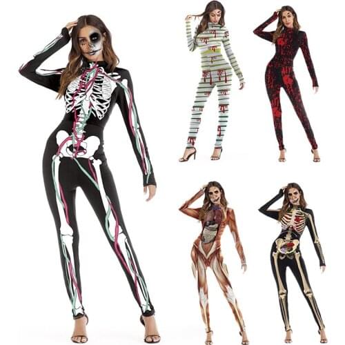 Halloween Carnival Purim Scary Blood Vessel Skeleton Jumpsuit Costume Women Horror Body Structure Bloodstain Catsuit For Lady