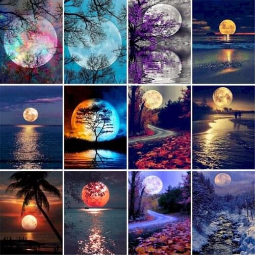 GATYZTORY 60x75cm Frameless Painting By Numbers Moonlight by the River Landscape pictures by numbers DIY For Home Decoration Gif