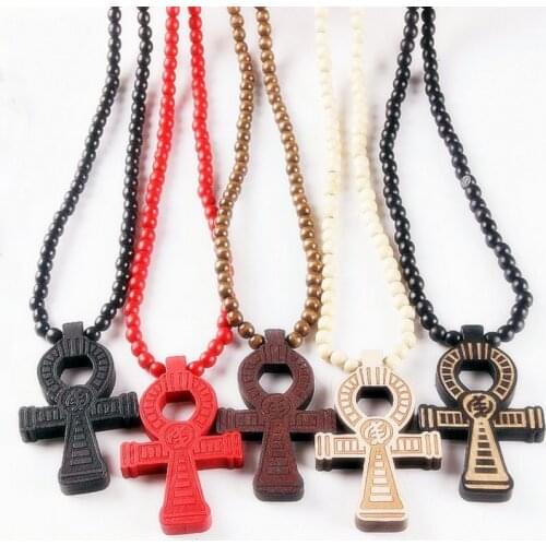 Classic Egyptian Ankh Crucifix Hip Hop Wood Beads Necklace Pendant Wooden Cross Necklaces For Men Women Unisex Vintage Jewelry