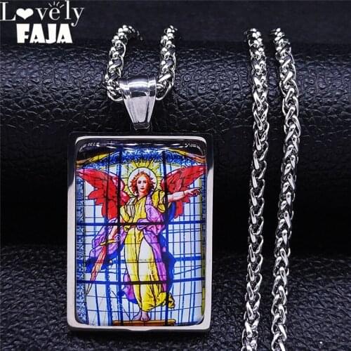 Christian Archangel Stainless Steel Glass Statement Necklace Women Geometry Silver Color Necklace Jewelry collares NXS03